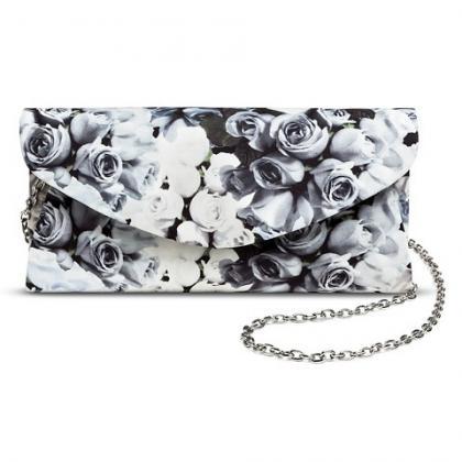 Satin Rose Print Clutch Handbag With Chain Strap -..