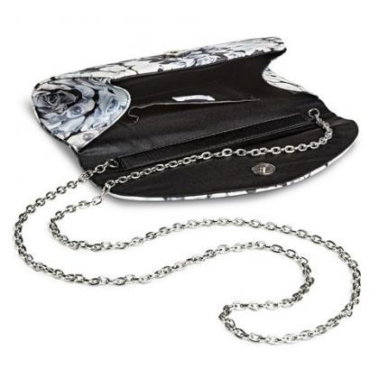 Satin Rose Print Clutch Handbag With Chain Strap -..