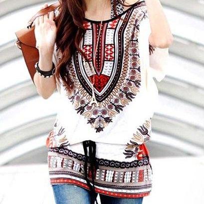 Off-the-shoulder Full Print Batwing Sleeve..