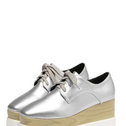 Silver Round Toe Lace-up Platform Sneakers
