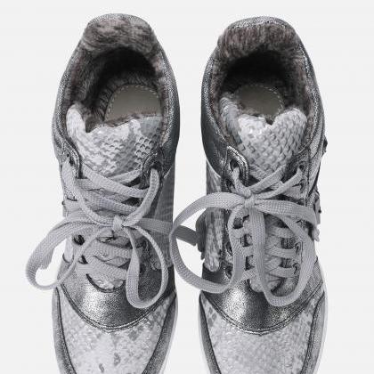 Silver Snakeskin Round Toe Lace-up High Top Wedges