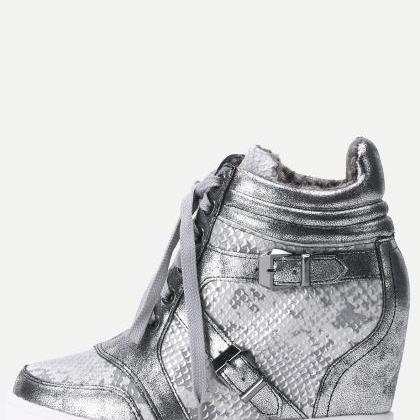 Silver Snakeskin Round Toe Lace-up High Top Wedges