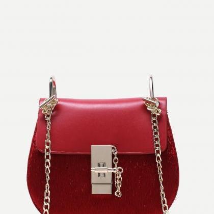 Red Horse Hair Covered Pu Saddle Bag With Chain..