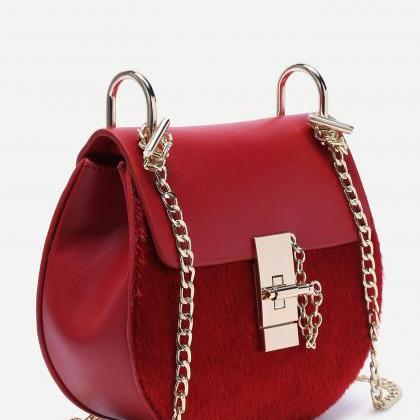 Red Horse Hair Covered Pu Saddle Bag With Chain..