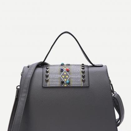 Grey Studded Pu Satchel Bag With Strap