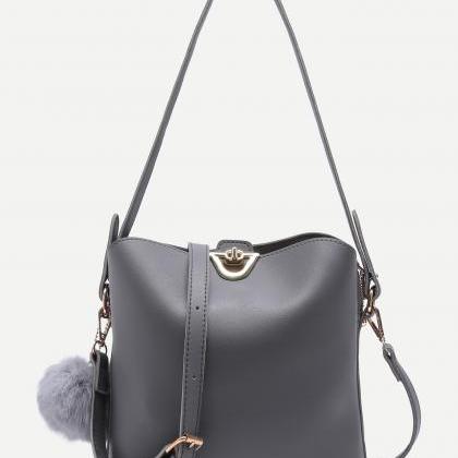 Grey Pu Pom Pom Shoulder Bag With Convertible..