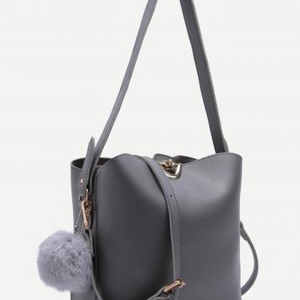 Grey Pu Pom Pom Shoulder Bag With Convertible..