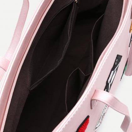 Pink Faux Leather Patch Detail Tote Bag