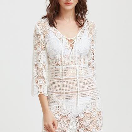 White Lace Up Plunge Neck Hollow Out Embroidered..