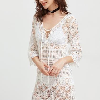 White Lace Up Plunge Neck Hollow Out Embroidered..