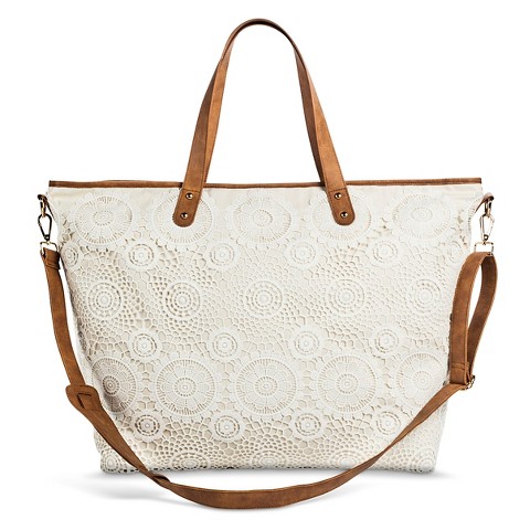 Women's Crochet Lace Overlay Canvas Weekender Handbag - Ivory