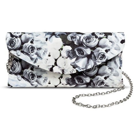 Satin Rose Print Clutch Handbag With Chain Strap - Gray