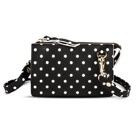 Women's Polka Dot Print Mini Crossbody Handbag With Zipper Closure - Black
