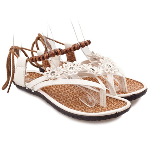 Stylish Women's Sandals With Beading And Flowers Design