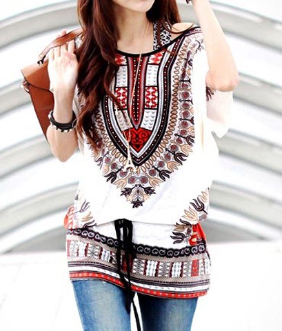 Off-the-shoulder Full Print Batwing Sleeve Ladylike T-shirt For Women