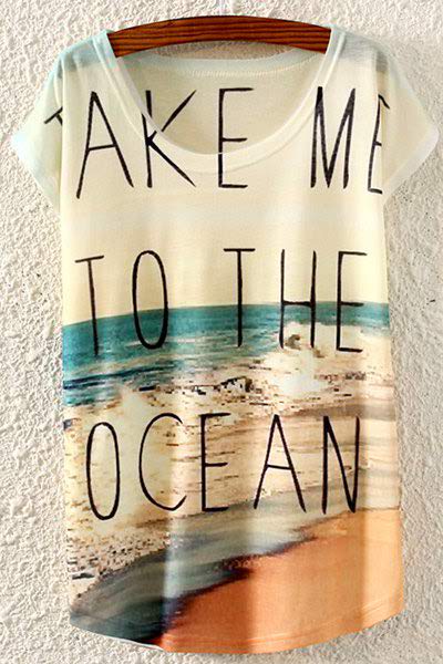Casual Beach Print Scoop Neck Short Sleeve T-shirt For Women