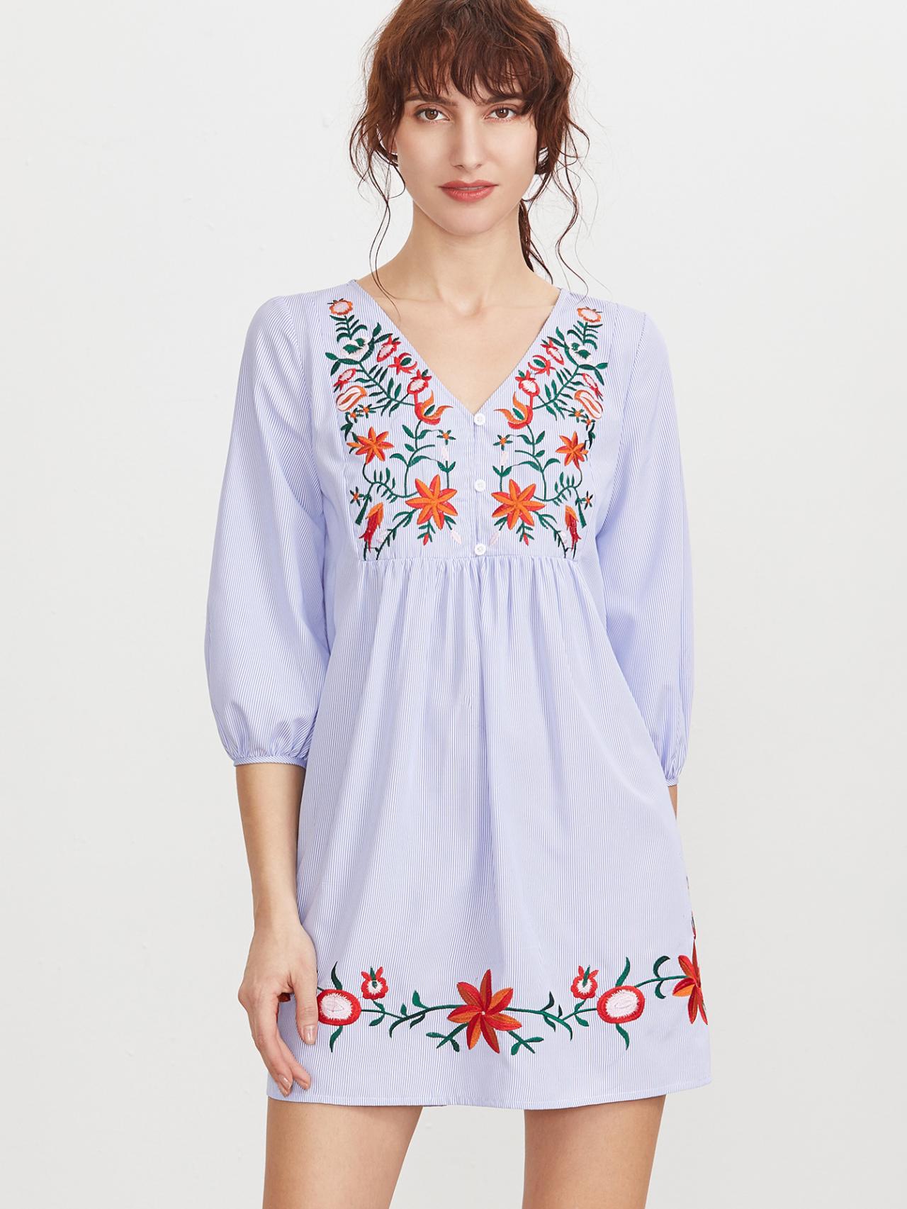 Floral Embroidered Blue Striped Short Shift Dress Featuring Plunging Neck And Puff Sleeve
