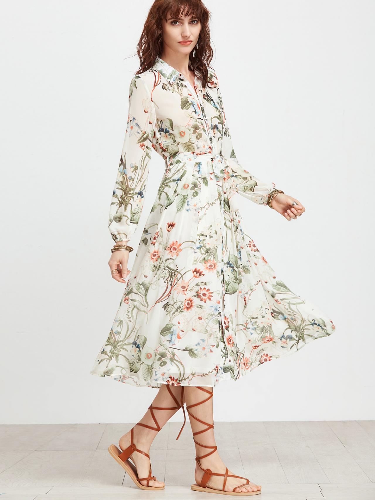 White Chiffon Floral Print Long Sleeve Midi A-line Dress Featuring Bow Accent Waistband And Collar