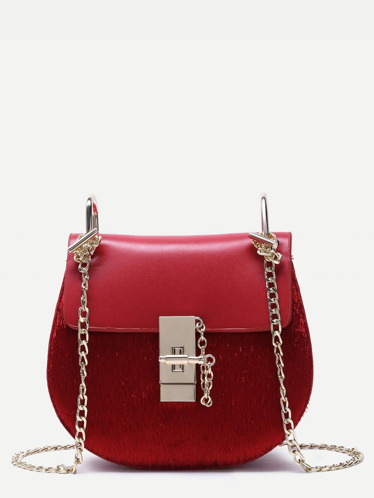 Red Horse Hair Covered Pu Saddle Bag With Chain Strap