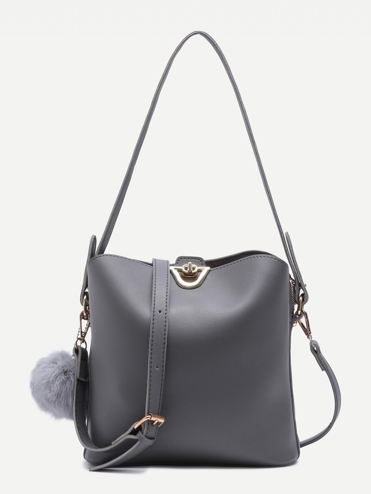 Grey Pu Pom Pom Shoulder Bag With Convertible Strap